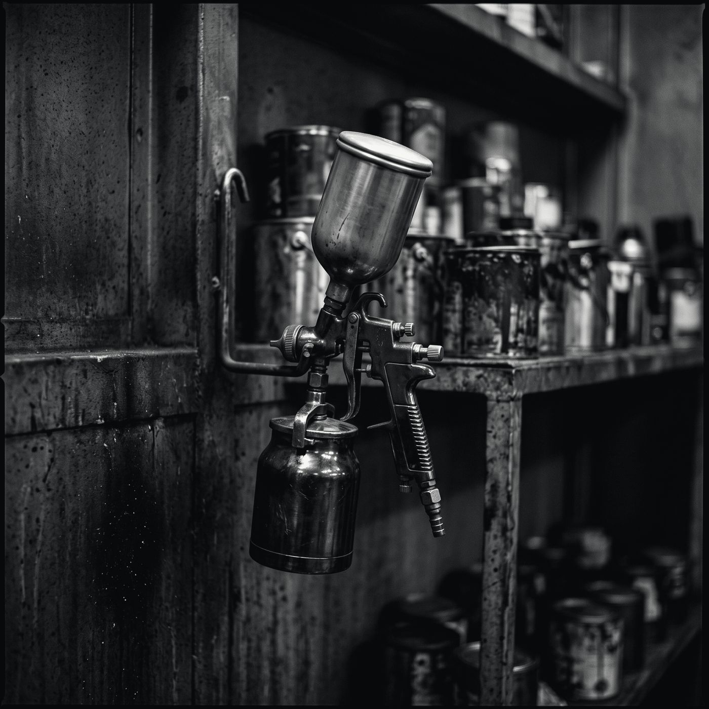A spray gun hanging in a paint booth with paint tins behind